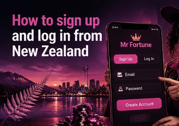 A woman in a wide brimmed hat points at a phone showing a Mr Fortune sign up and log in screen with email and password fields and a create account button, with a silver fern and a New Zealand city skyline at dusk behind